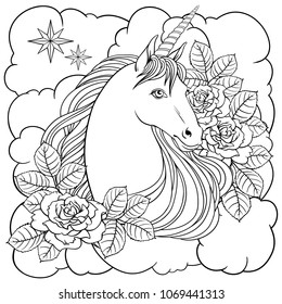 Unicorn clouds and roses, hand drawn vector linen illustration for logotype, coloring book, greeting card.