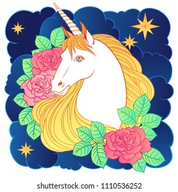 Unicorn clouds and roses, hand drawn vector illustration for logotype, t-shirt design, greeting card.