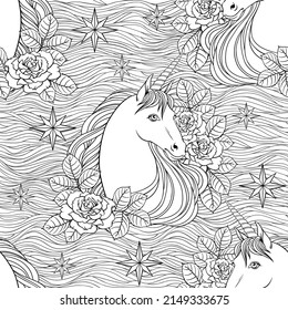 Unicorn, clouds, stars, hand drawn vector linen black and white illustration, coloring book, textile, wallpaper.