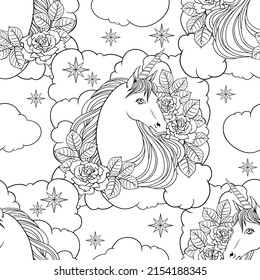 Unicorn, clouds, stars, hand drawn vector linen black and white illustration, coloring book, textile, wallpaper.