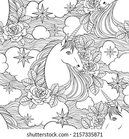 Unicorn, clouds, stars, hand drawn vector linen black and white illustration, coloring book, textile, wallpaper.