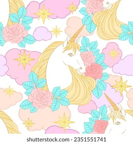 Unicorn, clouds, stars, hand drawn vector illustration.