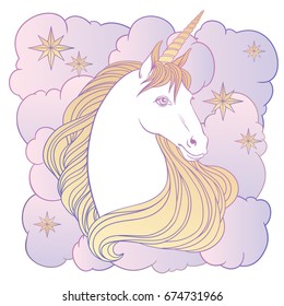 Unicorn with clouds and stars, hand drawn vector linen illustration for logotype, print, greeting card.