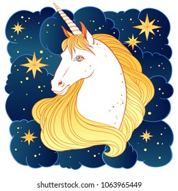 Unicorn clouds and stars, vector illustration for logotype, print, t-shirt design, greeting card.