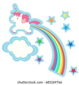 Unicorn in the clouds. Stickers with unicorn, cloud, stars and rainbow. Vector illustration.