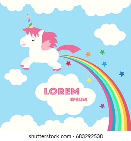 Unicorn in the clouds. Vector illustration depicting cute unicorn and rainbow in the skies.