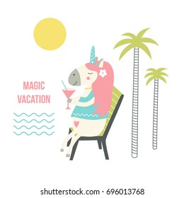 Unicorn with a cocktail in summer on vacation. Cute hand drawn cartoon magic vector illustration.