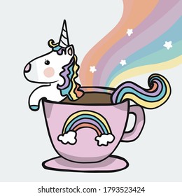 Unicorn coffee cup with rainbow cartoon vector illustration