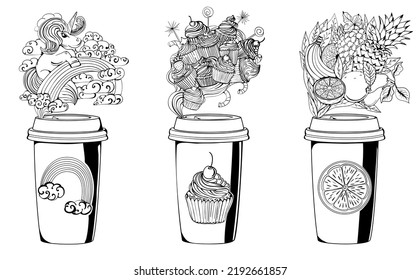 Unicorn coffee. Rainbow Flavored. Cakes coffee. Sweet mood coffee. Fruity coffee. Set illustrations of a cups with sweet components. Black illustration.