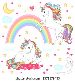 Unicorn collection with magic design elements. Vector