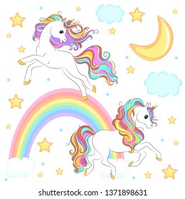 Unicorn collection with magic design elements. Vector
