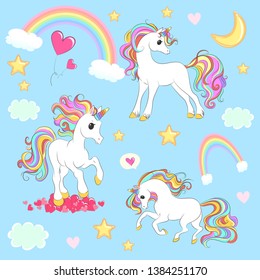 Unicorn collection with magic design elements. Vector