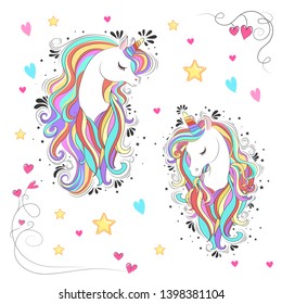 Unicorn collection with magic design elements. Vector