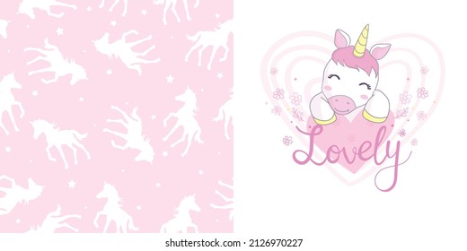 Unicorn collection. Vector illustration of cute cartoon Unicorn. Use for girly surface designs, fabric printing, card printing, fashionable baby clothes