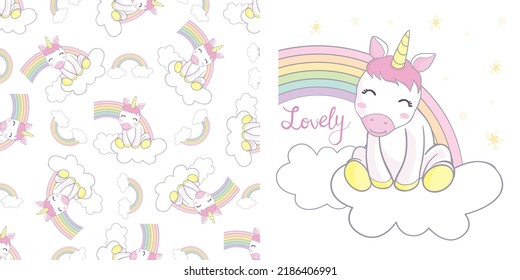 Unicorn collection. Vector illustration of cute cartoon Unicorn. Use for girly surface designs, fabric printing, card printing, fashionable baby clothes