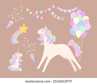 Unicorn collection. Vector illustration of cute cartoon multicolored Unicorns with rainbow mane,balloons,confetti,stars,flags,birthday decorations. Isolated on light background.