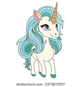 Unicorn colored outline. Hand drawn doodle unicorn. Outline unicorn. Vector illustration.