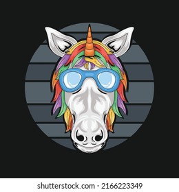 Unicorn with colorful hair and wearing glasses