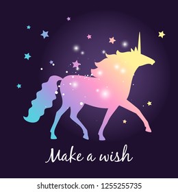 Unicorn colorful silhouette with stars on dark background, vector poster with lettering make a wish.