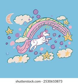 Unicorn colorful with stars, moon and raunbiw, child like draw, vector illustration.