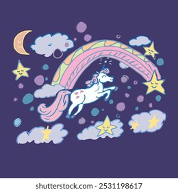 Unicorn colorful with stars, moon and raunbiw, child like draw, vector illustration.