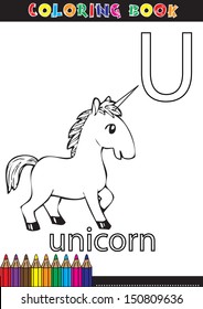 Unicorn Coloring book with cartoon character. U Children's Educational and fun.