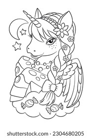 Unicorn Coloring book. Unicorn fairy tale outline. Pony vector. Animals cartoon. Horse contour