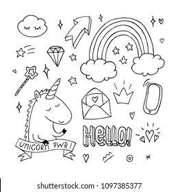 Unicorn coloring book set. Doodle rainbow star crown. Black and white, monochrome. Page for children and kids. Set collection. Hand drawn design for T-shirt print fabric textile birthday greeting card 