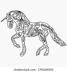 Unicorn coloring with floral ornaments, vector coloring