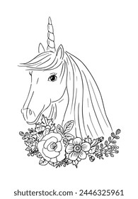 Unicornio Página para colorear, Libro para colorear. Dibujo para colorear, libro. Cabeza de unicornio con contorno de flores, arte de línea. Ilustración vectorial aislada sobre fondo blanco. Actividad de dibujo infantil. Para niña, adulta.