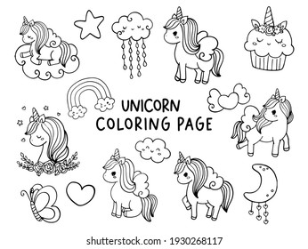 Unicorn coloring page, Unicorn doodle vector illustration