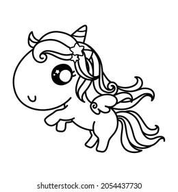 Unicorn Coloring Page, Kawaii Unicorn outlined for coloring Book vector illustration