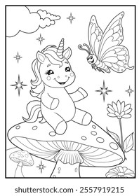 Unicorn Coloring Page for Kids. Unicorn on a crescent moon. Printable Cute Unicorn Cartoon Characters for Children's Activity Books
