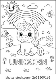 Unicorn Coloring Page for Kids - Ilustração animal imprimível com texto em negrito para aprender divertido