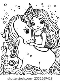 unicorn coloring page, outline of cartoon vector illustration, Magic pony, Children coloring book