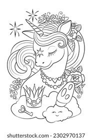 Unicorn coloring page. Pony outline. Unicorn fairy tale. Animals cartoon. Horse vector