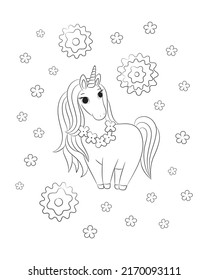 Unicorn coloring page printable. Cute unicorn girl wearing hawaiian flower necklace lei. Hand drawn vector illustration for coloring book. Black outline drawing on white background.