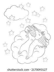 Unicorn coloring page printable. Cute baby unicorn sleeping on a cloud. Hand drawn vector illustration for coloring book. Black outline drawing on white background.