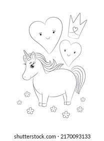 Unicorn coloring page printable. Cute pony unicorn lovely image. Hand drawn vector illustration for coloring book. Black outline drawing on white background.