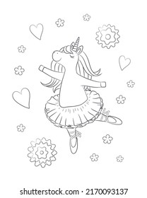 Unicorn coloring page printable. Cute unicorn ballerina in tutu dress. Hand drawn ballet dancer pony vector illustration for coloring book. Black outline drawing on white background.