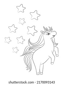 Unicorn coloring page printable. Cute funny unicorn rear up. Hand drawn pony vector illustration for coloring book. Black outline drawing on white background.