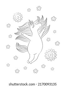 Unicorn coloring page printable. Happy baby unicorn jumping. Hand drawn vector illustration for coloring book. Black outline drawing on white background.