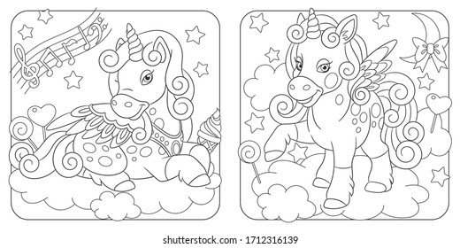 Unicorn coloring pages. Cartoon fantasy creature. Cute line art design for nursery poster, t shirt print, kids apparel, greeting card, label, patch or sticker. Vector illustration.