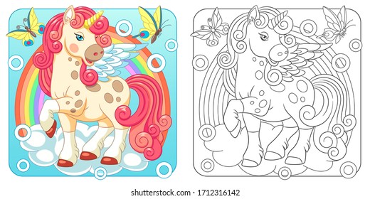 Unicorn coloring pages. Cartoon fantasy creature. Cute line art design for nursery poster, t shirt print, kids apparel, greeting card, label, patch or sticker. Vector illustration.