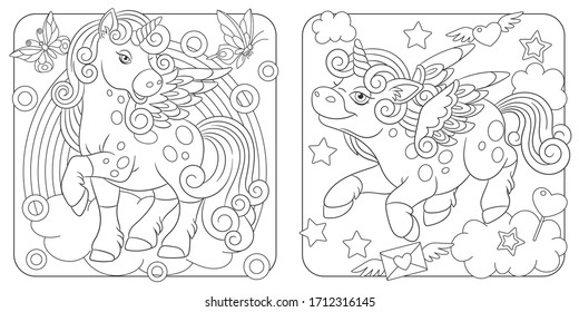 Unicorn coloring pages. Cartoon fantasy creature. Cute line art design for nursery poster, t shirt print, kids apparel, greeting card, label, patch or sticker. Vector illustration.