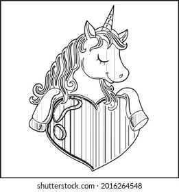 Unicorn Coloring Pages. Isolated outline for coloring book. Cute Cartoon Pegasus. Pony Princess. Black and white, linear, image. For the design of coloring books, prints, posters, stickers, tattoos...