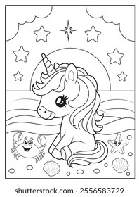 Unicorn Coloring Pages for Kids. Unicorn at the beach. Printable Cute Unicorn Cartoon Characters for Children's Activity Books
