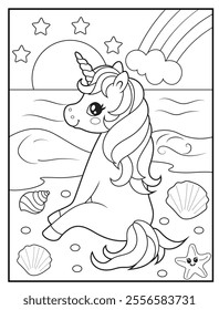 Unicorn Coloring Pages for Kids. Unicorn at the beach. Printable Cute Unicorn Cartoon Characters for Children's Activity Books
