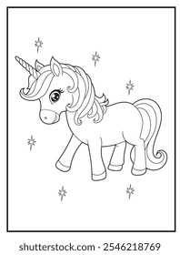 Unicorn coloring pages for kids. Children's coloring books with cute unicorn cartoon character, fun and educational materials for kindergarten.
