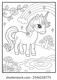 Unicorn coloring pages for kids. Children's coloring books with cute unicorn cartoon character, fun and educational materials for kindergarten.
